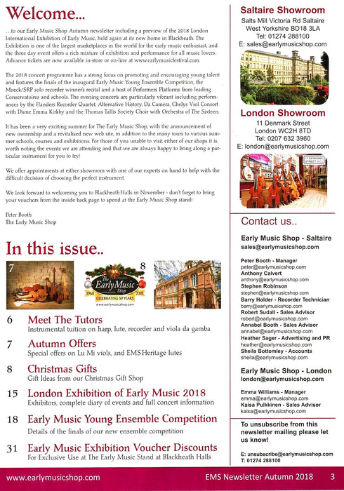 Early Music Shop Newsletter - Autumn 2018