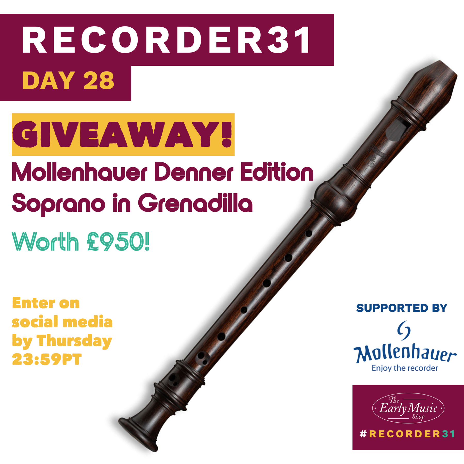 Recorder31 Day 28 | WIN a Mollenhauer Denner Edition soprano recorder worth £950!