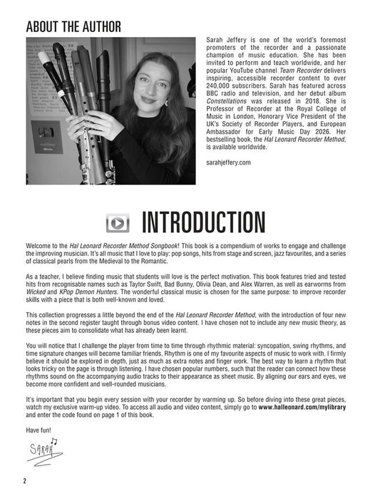 NEW Hal Leonard Recorder Method Songbook (Sarah Jeffery)