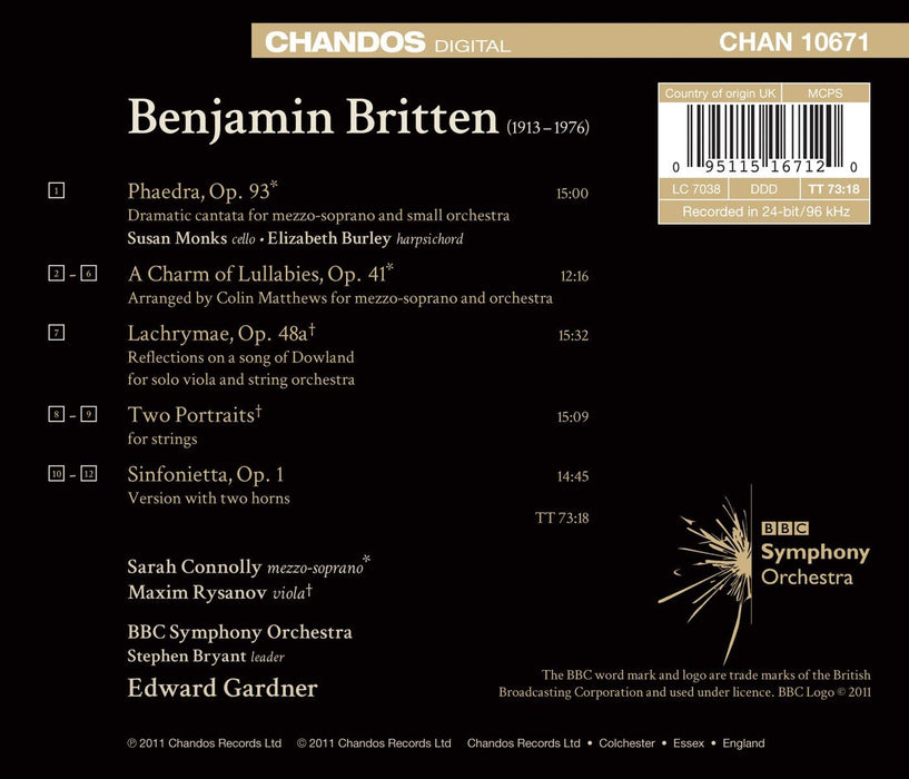 BBC Symphony Orchestra & Edward Gardner • Britten: Phaedra / A Charm of Lullabies / Lachrymae / Two Portraits / Sinfonietta (CD)