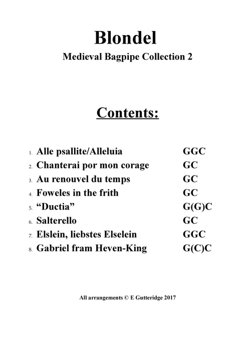 Blondel - Medieval Music for Bagpipes - Collection 2 - an arranged for your entertainment by Lizzie Gutteridge for G (G/C) C pipes