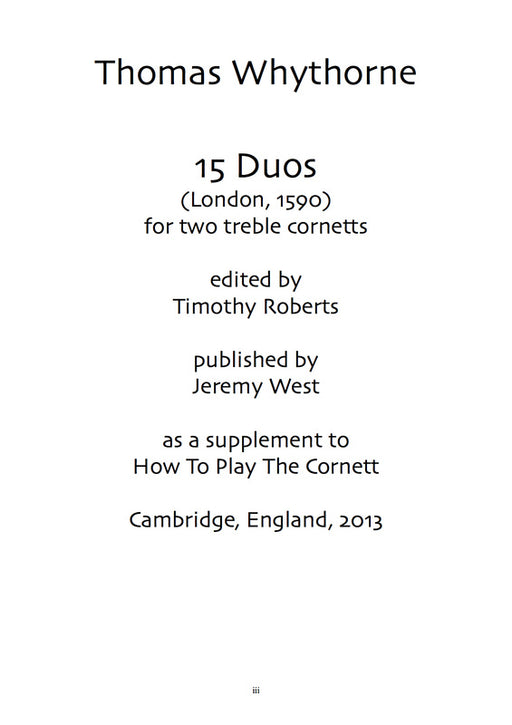 Thomas Whythorne 15 Duos for Two Treble Cornetts by Monk