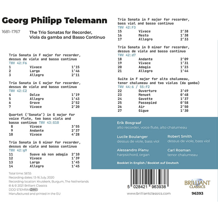 Erik Bosgraaf • Telemann: Trio Sonatas for Recorder and Viola da Gamba (CD)