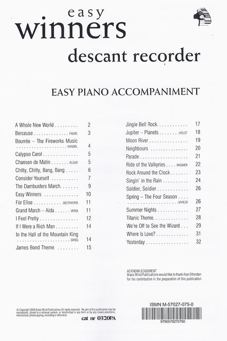 Lawrance: Easy Winners for Descant Recorder - Piano Accompaniment