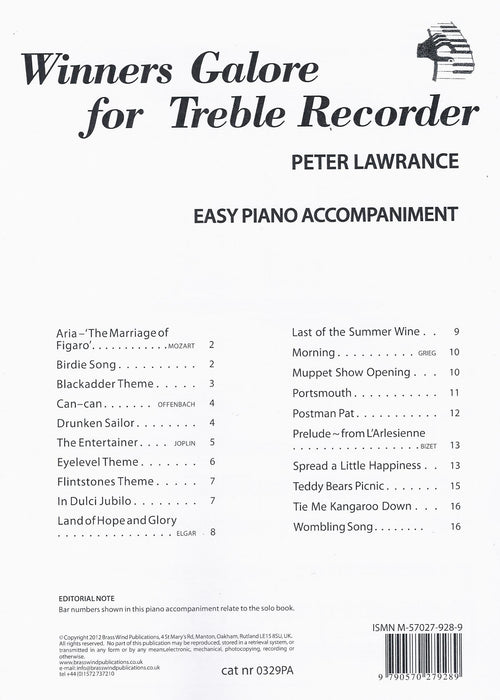 Lawrance (ed.): Winners Galore for Treble Recorder - Easy Piano Accompaniment