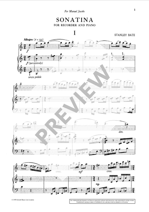 Bate: Sonatina for Treble Recorder and Piano