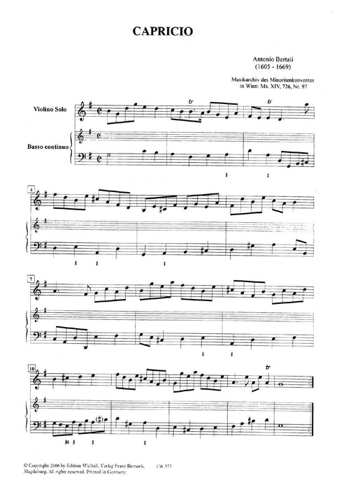 Bertali: Capricio for Violin and Basso Continuo
