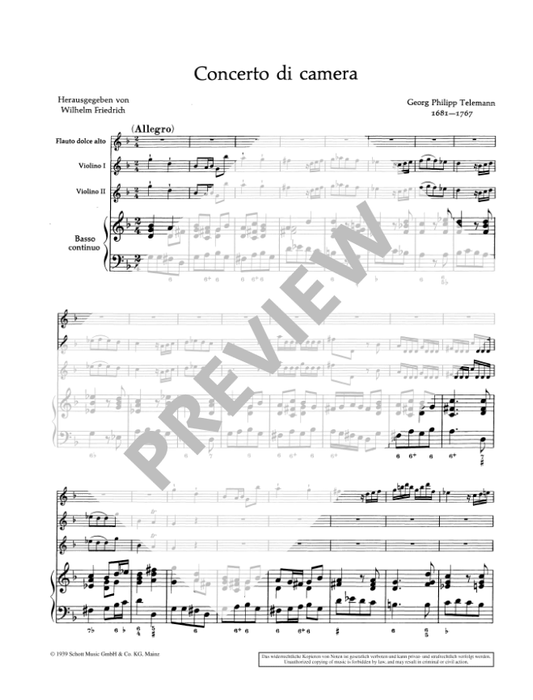 Telemann: Concerto di camera for Treble Recorder, 2 Violins and Continuo