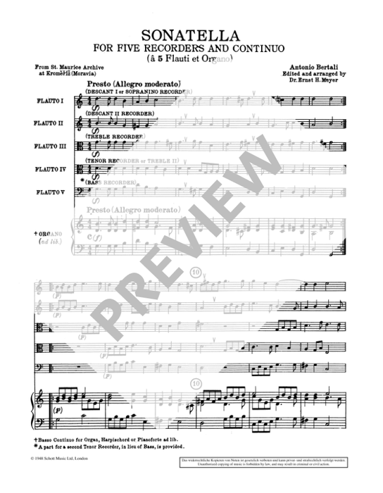 Bertali: Sonatella for Recorder Quintet
