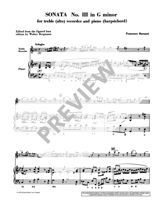Barsanti: Sonata No. 3 in G Minor for Treble Recorder and Continuo