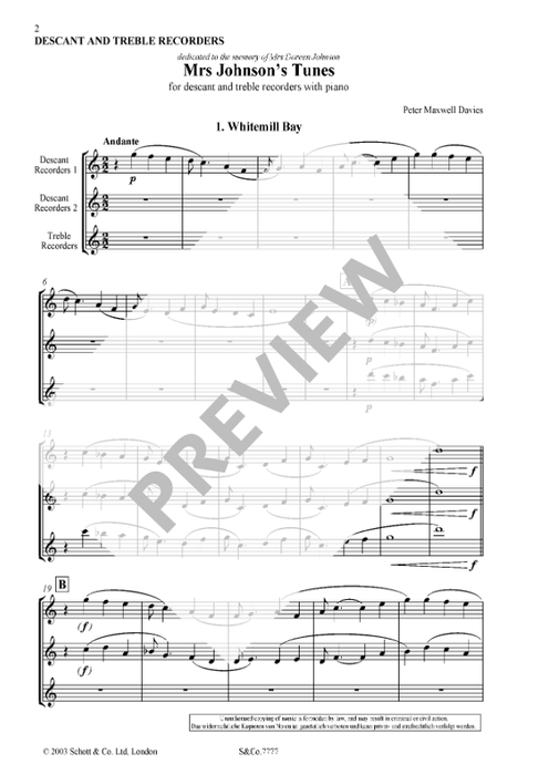 Maxwell-Davies: Mrs Johnson's Tunes for Recorder Trio and Piano