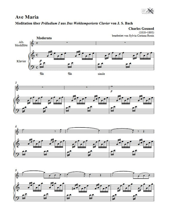 Gounod/Schubert: Ave Maria for Alto or Tenor Recorder and Piano