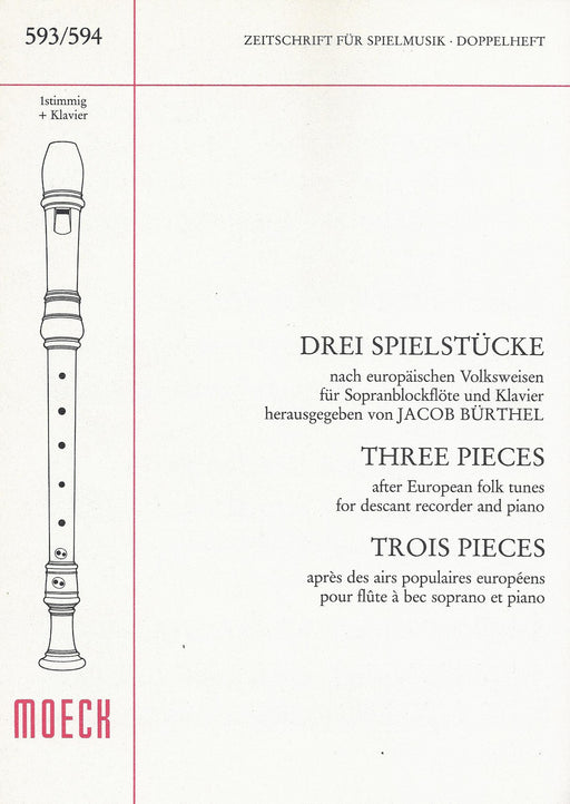 Various: 3 Pieces after European Folk Tunes for Descant Recorder and Piano